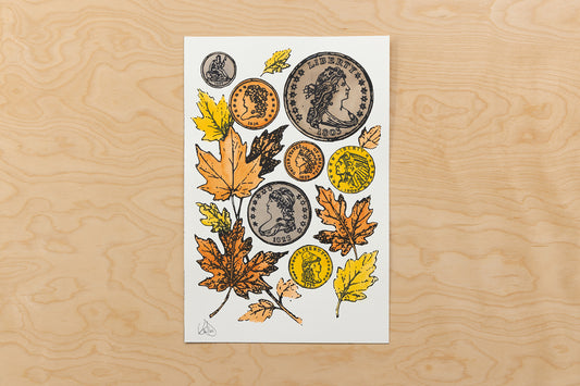 Original Watercolor & Ink Painting - Vintage US Coins & Autumn Leaves