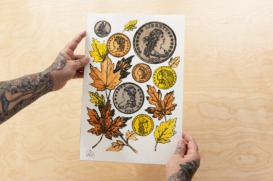 Original Watercolor & Ink Painting - Vintage US Coins & Autumn Leaves